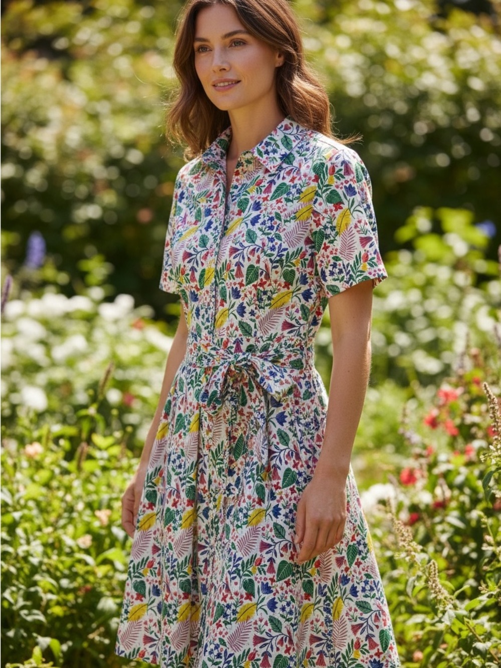 Boden - Floral Button-Front Shirt Dress with Tie Waist - Multicolor